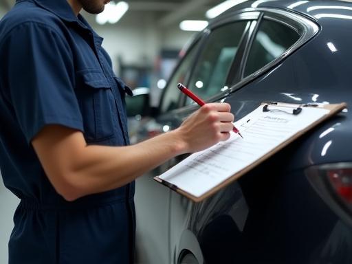 Mecánico inspeccionando la carrocería de un coche con una lista de verificación.